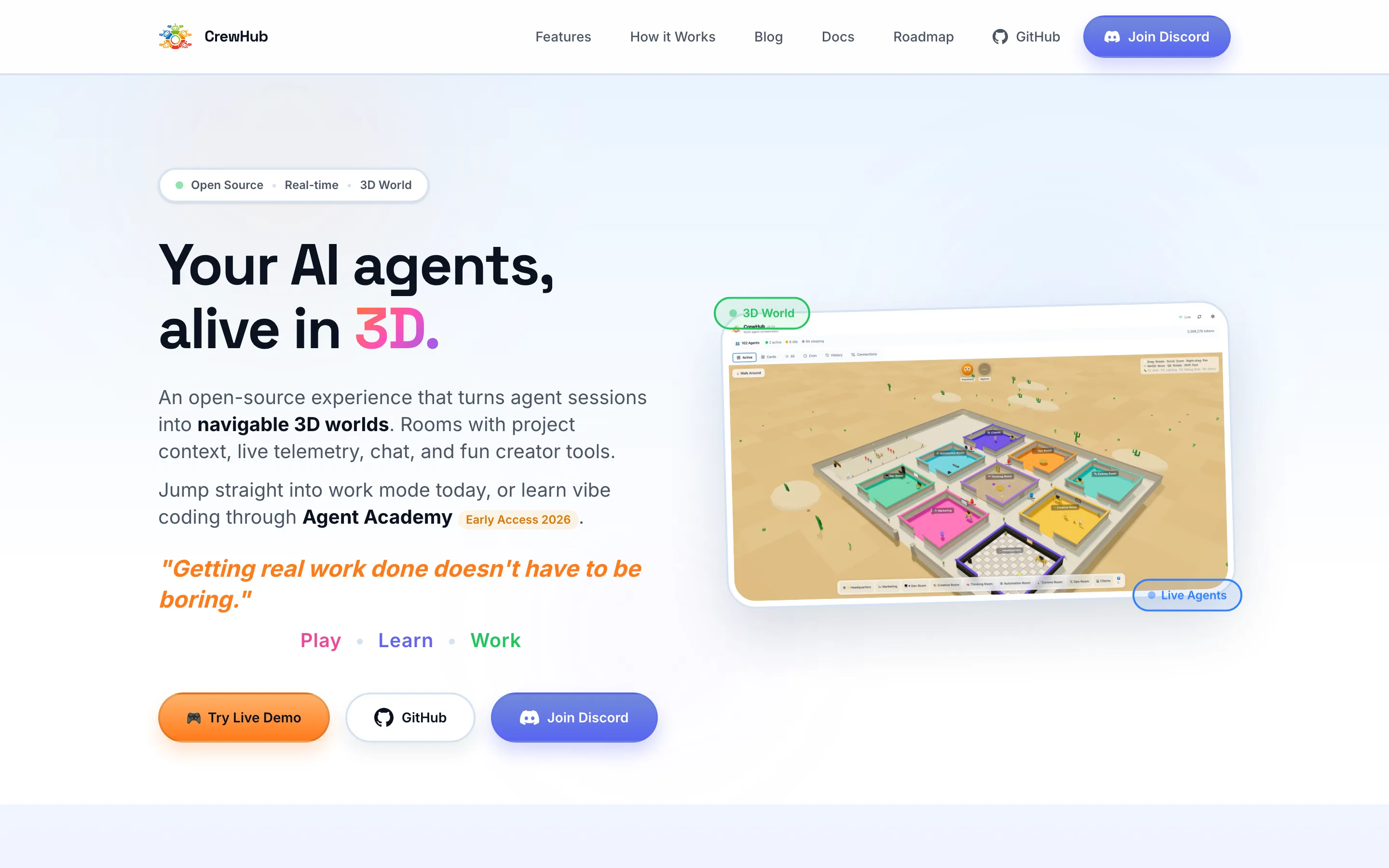 crewhub.dev homepage reading "Your AI agents, alive in 3D" with a navigable 3D world of agent rooms