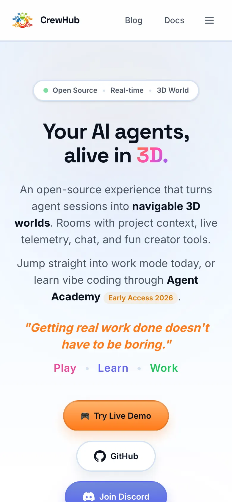 crewhub.dev on mobile, open source, real-time, 3D world