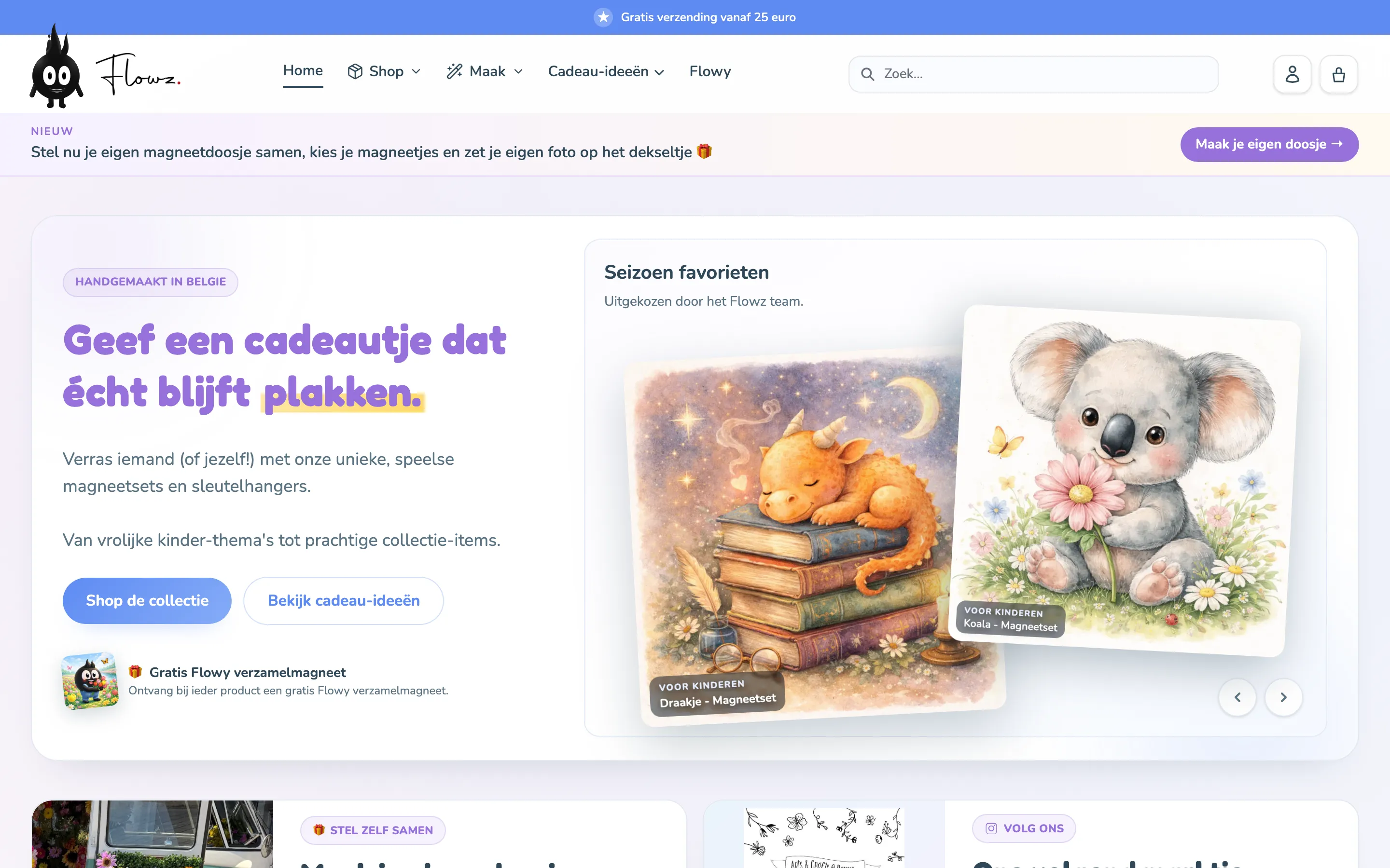 Flowz.be storefront on desktop with handmade magnet sets, seasonal favourites and a custom box configurator