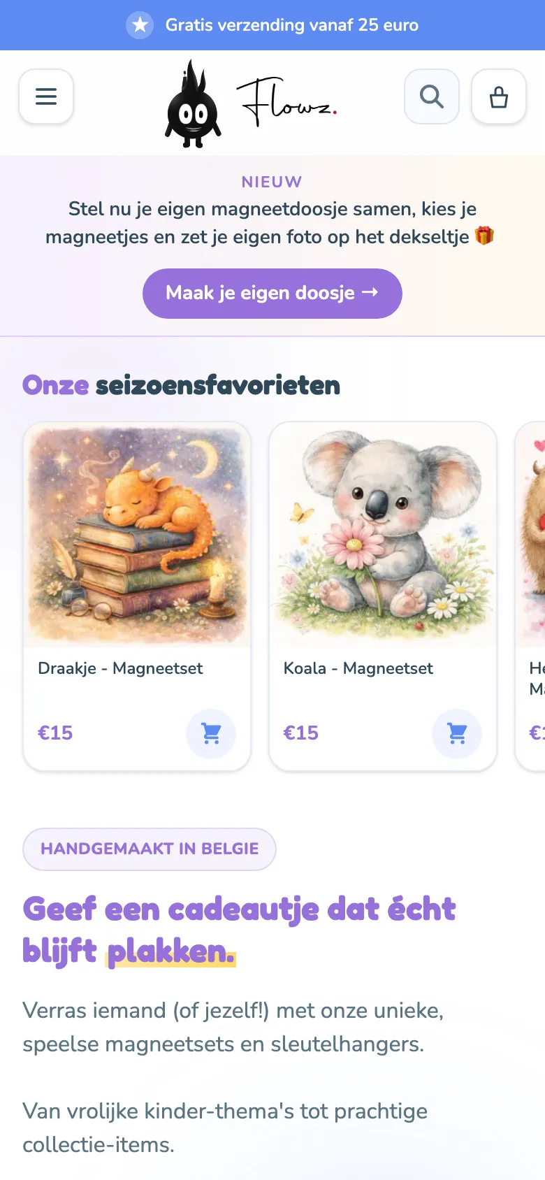 Flowz.be on mobile with product cards and the configurator call to action