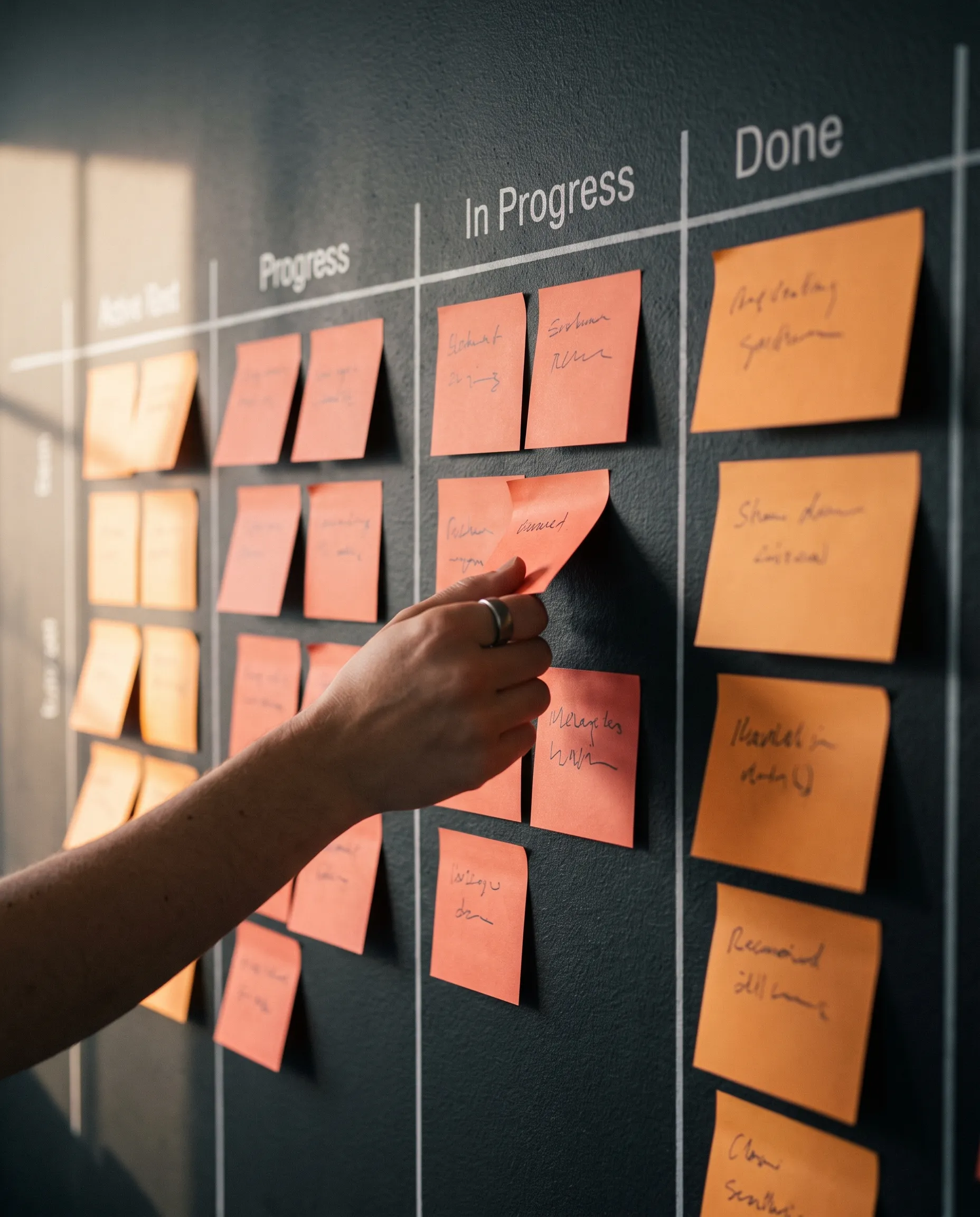 A hand moving a sticky note across a sprint board
