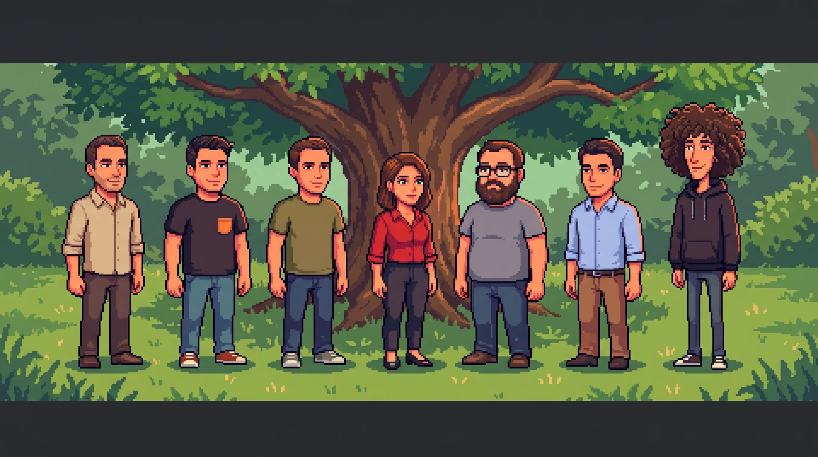 The Ekinsol crew drawn as retro pixel-art game characters