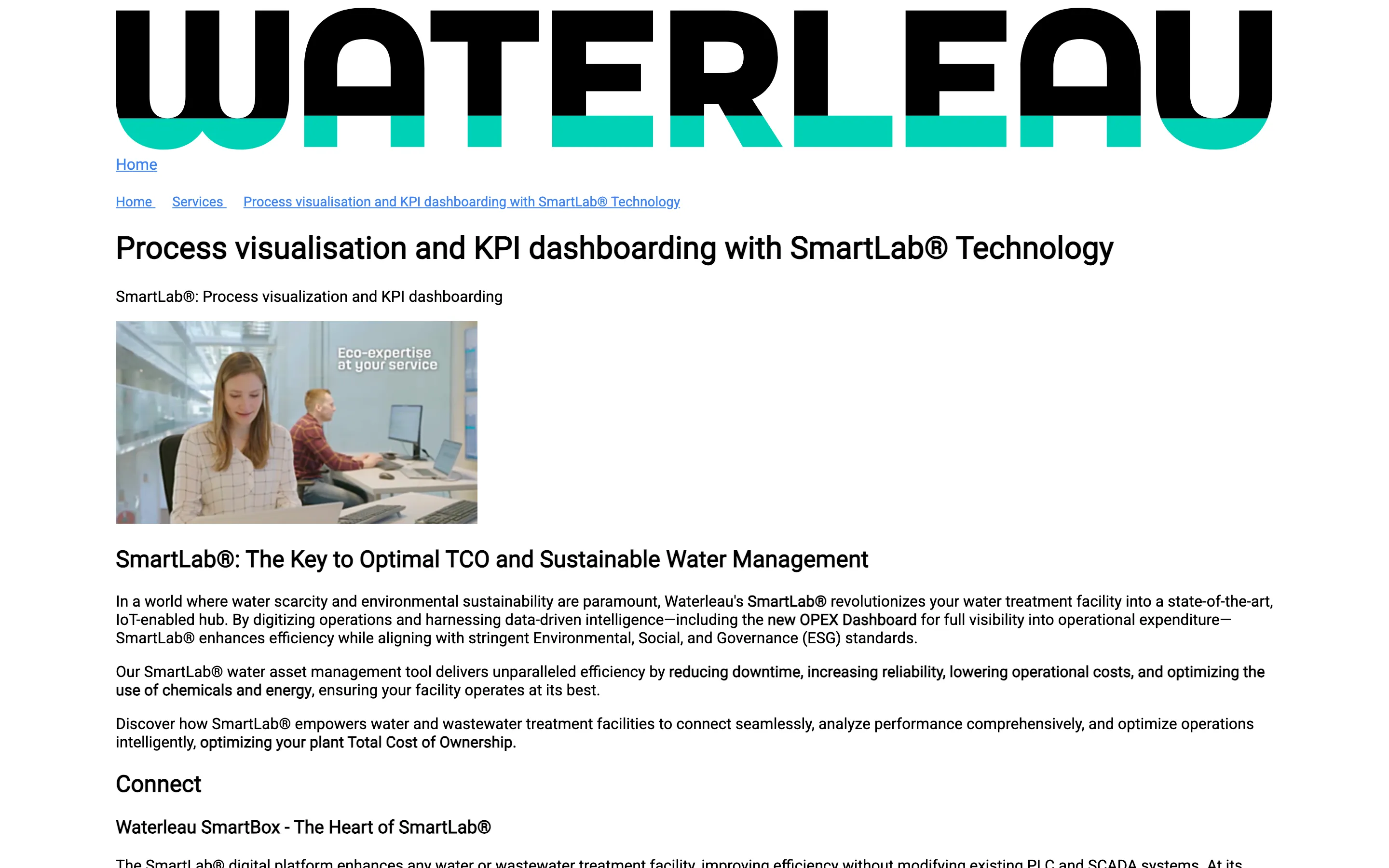 Waterleau's public SmartLab page about process visualisation and KPI dashboarding for water treatment
